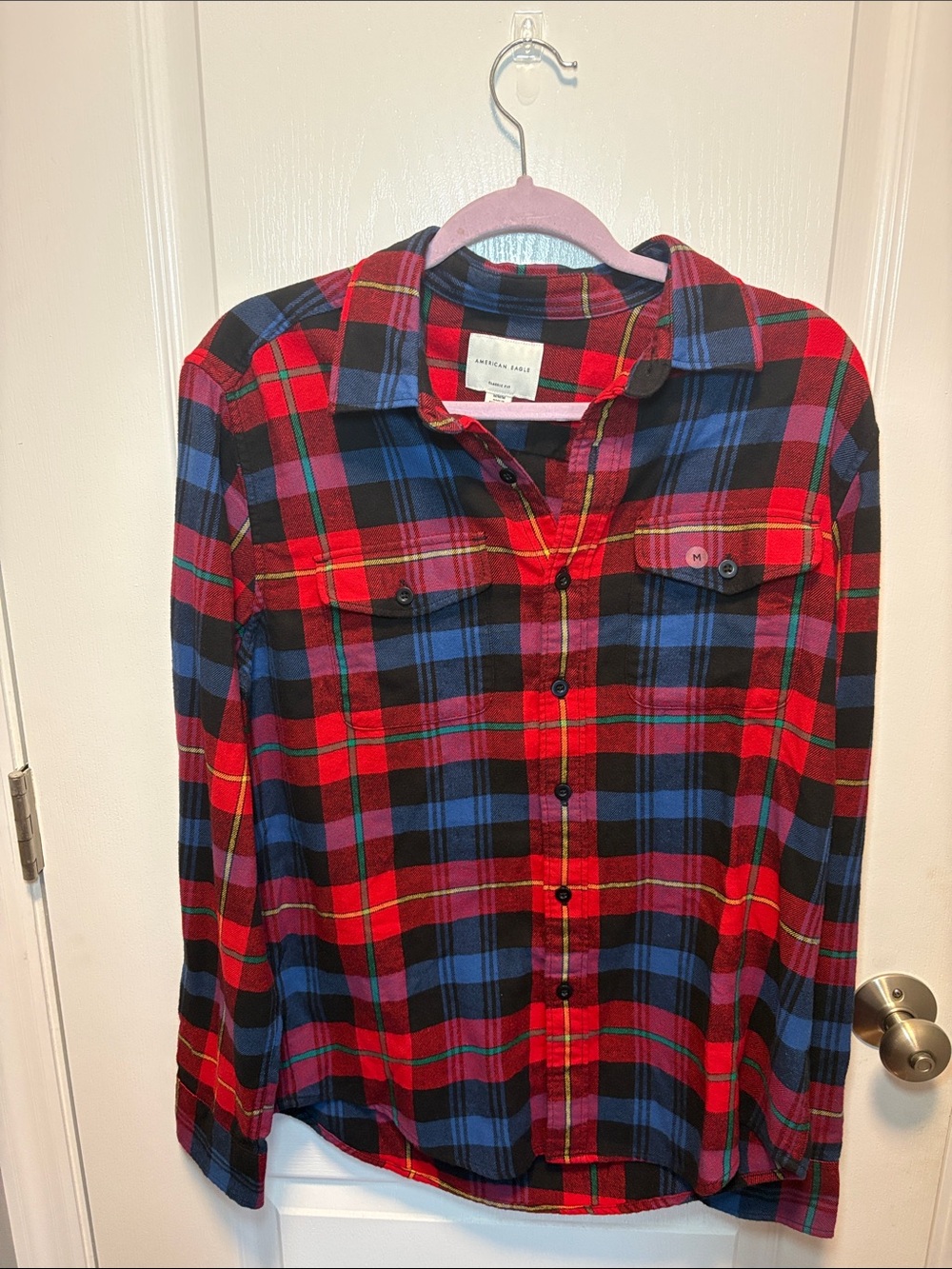 American Eagle Outfitters Red, Blue & Black Plaid Button-Down Shirt